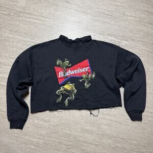 Vintage 90s Budweiser Frog Sweatshirt Cropped Black Crewneck Fleece Pullover L